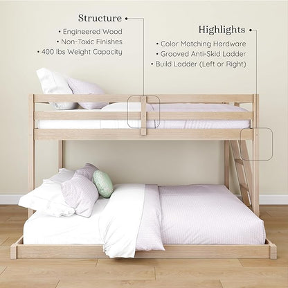 Grain & Grove Bear Twin Over Full Bunk Bed, Low Bunk Bed Frame for Kids, Bunk with Ladder, Guardrail and Slats, No Box Spring Required, Oak Embossed Natural