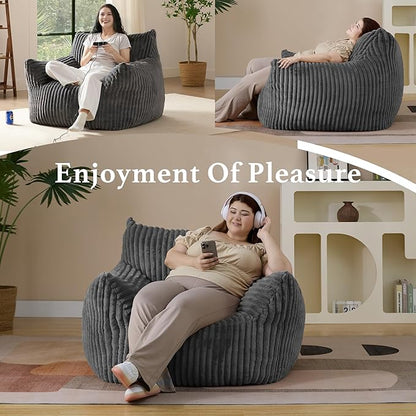 Giant Plush Bean Bag Chair for Adults with Armrests - Oversized Comfy Grey Beanbag Lounge Lazy Floor Sofa Accent Chair for Living Room, Bedroom & Dorm, Cozy Fluffy Single Cloud Mini Couch