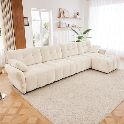 Modern Chenille Fabric 4-Seat Sofa w/Ottoman+2 Pillows, Premium Upholstery Living Room Couch with Tufted Backrest & Comfortable Armrests and High-Resilience Memory Foam Cushions,White