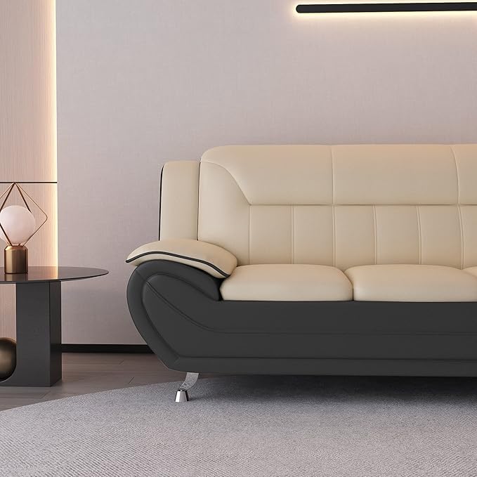 Container Furniture Direct Michael Modern Faux Leather Upholstered Stainless Steel Legs Living Room Sofa, Black Camel