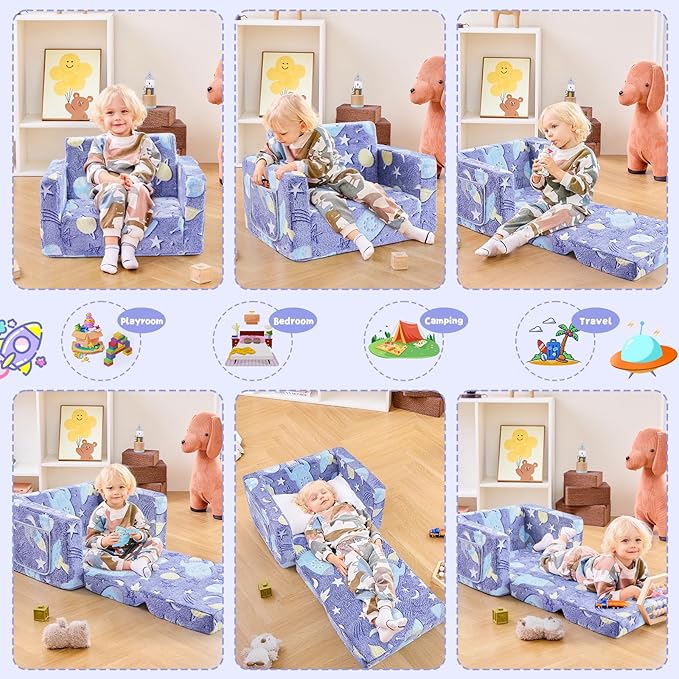Toddler Chair Comfy,2-in-1 Soft Toddler Couch Fold Out for Kids,Convertible Sofa to Lounger,Gift for Girls and Boys Birthday,Universe