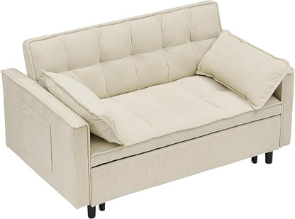Ball & Cast Convertible Sofa Bed,Pull Out Loveseat Sleeper Sofa,Convertible Pull Out Couch W/ 2 Pillows,Adjustable Backrest & Side Pocket,Corduroy Futon Couches for Living Room,Apartment,Beige,54"