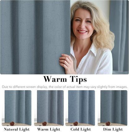 H.VERSAILTEX Linen Blackout Curtains 54 Inches Long 100% Blackout Thermal Insulated Textured Linen Look Curtain Draperies Anti-Rust Grommet, Energy Saving with White Liner, 2 Panels, Stone Blue