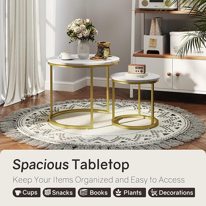 Nesting Tables Set of 2, Round Coffee Table, Small Nesting Coffee Table with Adjustable Non-Slip Fee, White Marble Top Stack Nesting Tables Set of 2 for Living Room, Bedroom (White)