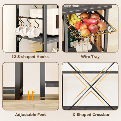 SUPERJARE Large Bakers Rack with Power Outlets, 6-Tier Microwave Stand, Coffee Bar with 12 S-Shaped Hooks, Kitchen Shelf with Wire Basket, 39.3 x 15.5 x 66.9 Inches, Charcoal Gray