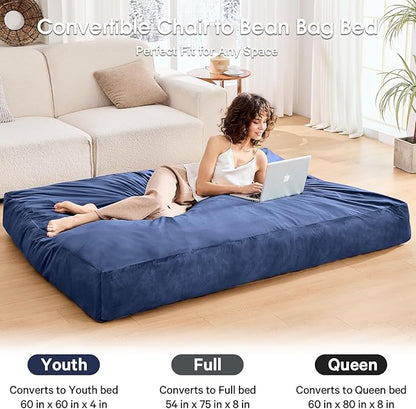 Bean Bag Chairs for Adults - Giant Bean Bag Chair Convertible Bean Bag Bed - Beanbag Chair with Micro Fiber Cover/Furniture Foam Filler - Floor Couch Sofa in Bedroom Dorm Room - Queen Navy Blue
