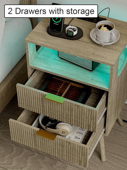 Nightstand, Modern Bedside Table with 2 Storage Drawer and Open Wood Shelf for Bedroom and Small Spaces, Night Stand with Solid Wood Legs (Grey Oak-Outlet)
