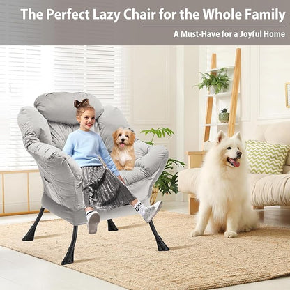 Lazy Chair Thick Padded, Comfy Velvet Accent Lounge Chair with Stable Frame, Leisure Sofa Armchair with Armrests and Side Pocket, Reading Chair for Bedroom, Living Room, Office, Light Gray