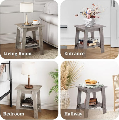 End Table, Side Table with 2-Tier Storage Shelf, Sofa Table for Small Space, Square Nightstand for Entryway, Farmhouse, Living Room, Easy Assembly, Grey
