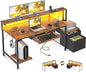 AODK Computer Desk with Drawers and Keyboard Tray, 55" Office Desk with Power Outlet and LED Lights, Reversible Study Work Desk with Printer Shelf and PC Stand for Home Office, Vintage