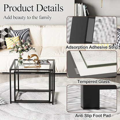 Garden 4 you Coffee Table Set of 2, Modern Glass Nesting Table, Metal Frame Square Center Table Set, Side Tables, Nesting Coffee Table for Living Room, Bedroom and Small Spaces, 23.6in Black
