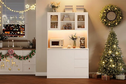 Garvee Kitchen Pantry Cabinet,71" Tall Storage Cabinet with Doors and Shelves Adjustable,Kitchen Storage Hutch with Microwave Shelf, Led Lights and Charging Station,Corner Pantry Cabinet,White