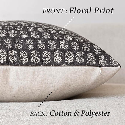 Foindtower Set of 2 Decorative Vintage Floral Print Throw Pillow Covers Neutral Modern Farmhouse Cushion Covers Boho Home Decor for Sofa Couch Chair Bedroom Living Room Outdoor,20×20 Inch,Black