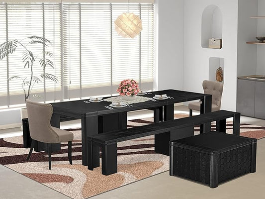 X02SI-2C6-48 - 6-pc Dining Table Set a Rectangular Dining Table with a coffee Table and 2 wooden Benches, 2 coffee Linen Fabric Chairs, 39x120 Inch, Wire Brushed Black