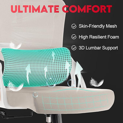 Ergonomic Office Chair - 400LB Comfy Desk Chairs with Headrest and Back Support, Heavy Duty Mesh Computer Chairs with Wheels and Arms for Home Office, Study, Bedroom and Dorm (04Khaki)