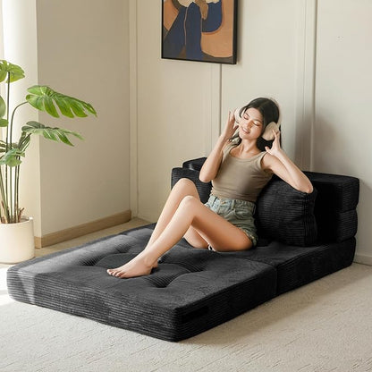 MAXYOYO Convertible Sofa Bed, Fold Out Loveseat Sleeper Sofa with Pillow, 4 in 1 Tufted Folding Couch Bed Foam Floor Couch, Lazy Chair for Living Room Bedroom Guest Room, Black