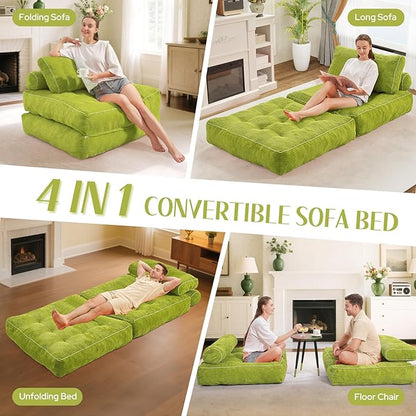 HABUTWAY Folding Sofa Bed, Convertible Sleeper Chair Bed w/Dual-Pillow & Handle, Foldable Floor Sofa Lounge w/Back Support for Living Room, Bedroom, Apartment, Office, Green