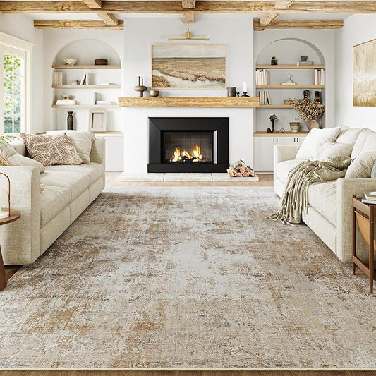 6x9 Washable Area Rug Gold Grey Neutral Abstract Living Room Bedroom Large Throw Rug Non Slip Soft Low Pile Indoor Floor Carpet for Dining Room Kitchen Office Entryway