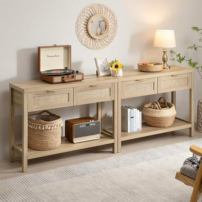 SICOTAS Console Table Set of 2 - Boho Entryway Table with Storage and Rattan Drawers, 2 Tier Shelf, Narrow Long Sofa Tables for Living Room, Natural Entry Table for Hallway, Foyer