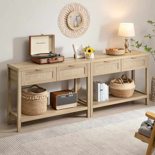SICOTAS Console Table Set of 2 - Boho Entryway Table with Storage and Rattan Drawers, 2 Tier Shelf, Narrow Long Sofa Tables for Living Room, Natural Entry Table for Hallway, Foyer