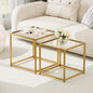 Garden 4 you Coffee Table Set of 2, Modern Patterned Glass Nesting Table, Metal Frame Square Center Table Set, Side Tables, Nesting Coffee Table for Living Room, Bedroom and Small Spaces, 19.7in Gold