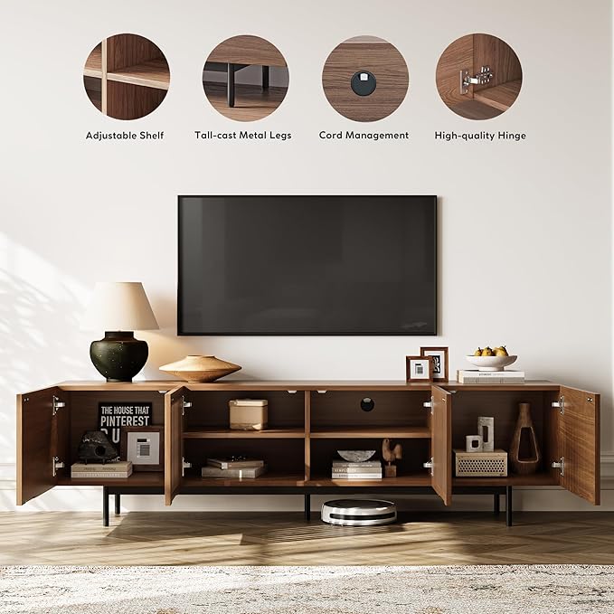 POVISON Full Assembled Mid-Century Modern TV Stand with Slatted Doors, Wood Media Console for 80 85+ Inch TV, TV Console with Tall-cast Metal Legs, Entertainment Center with Storage for Living Room