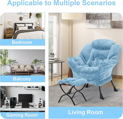 Fabric Lazy Chair with Ottoman, Oversized Upholstered Sofa Chair for Adults, Plush Comfy Lounge Chair with Large Side Storage Pocket, Reading Chair for Living Room, Bedroom, Study Room, Blue