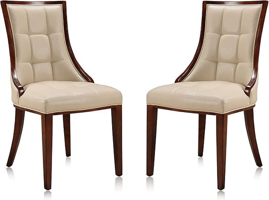 Manhattan Comfort Fifth Avenue Faux Leather Dining Chairs, Parsons Accent Furniture with Padded Wingback Seat, Fine Rectangular Stitching and Solid Beech Wood Frame, Set of 2, Cream