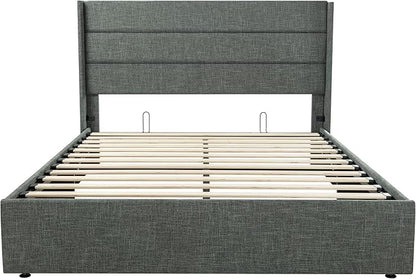 SHA CERLIN Full Size Lift Up Storage Bed/Modern Wingback Headboard/Upholstered Platform Bed Frame/Hydraulic Storage/No Box Spring Needed/Wood Slats Support/Dark Grey