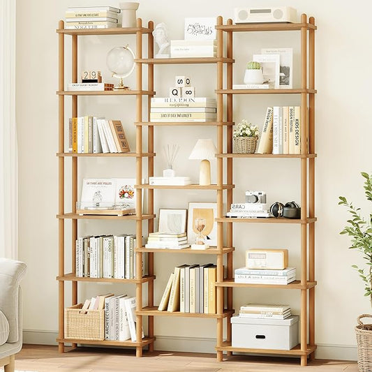 IOTXY Wooden Triple Wide Bookshelf - 6-Tier Large Shelf Bookcase with Solid Beech Frame, Tall Freestanding Open Etagere Display Rack for Home Office, Oak