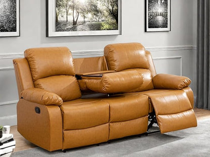Leather Recliner Sofa Couch, 3-Seater Home Theater Seating Reclining Sofa, Power Reclining Couch with Cup Holders & Drop Down Table for Living Room Furniture Sets, Orange