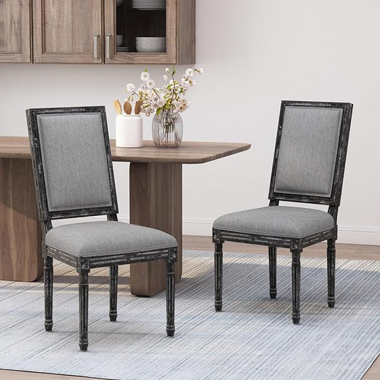 Merax Upholstered Solid Wood Dining Chairs Set of 2, French Country Style Accent Side Seating Furniture for Kitchen, Living Room, Cushioned Back, Grey