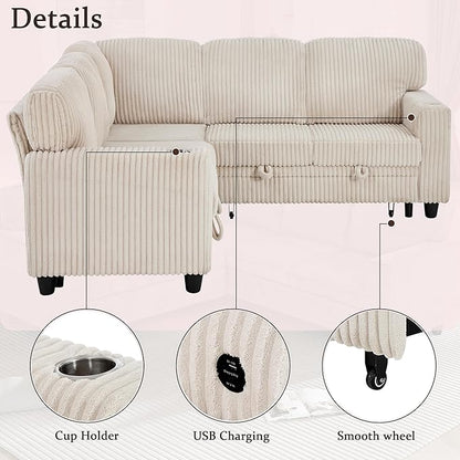 Ball & Cast Modular Sectional Sleeper Sofa Bed,L-Shaped Couch W/Pull Out Bed and USB Charging,Cupholders&Storage Seats,Convertible Sleeper Sofa Beds for Living Room,Apartment,Corduroy Fabric,Beige,81"