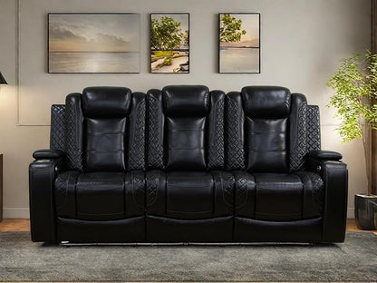 Leather Recliner Sofa Couch, 3-Seater Home Theater Seating Reclining Sofa, Power Reclining Couch with Cup Holders & Drop Down Table for Living Room Furniture Sets, Black