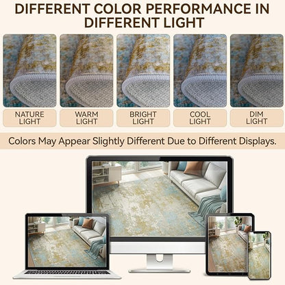 Washable Area Rugs 8'x10' Non-Slip Modern Abstract Soft for Living Room Entryway Bedroom Nursery, Print Pattern, Teal Blue Taupe