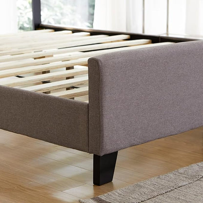 Livinia Amelia Full Size Platform Bed, Fabric Upholstered Full Bed Frame with Height Adjustable Headboard Footboard, Strong Wood Slats, No Box Spring Needed, Brown