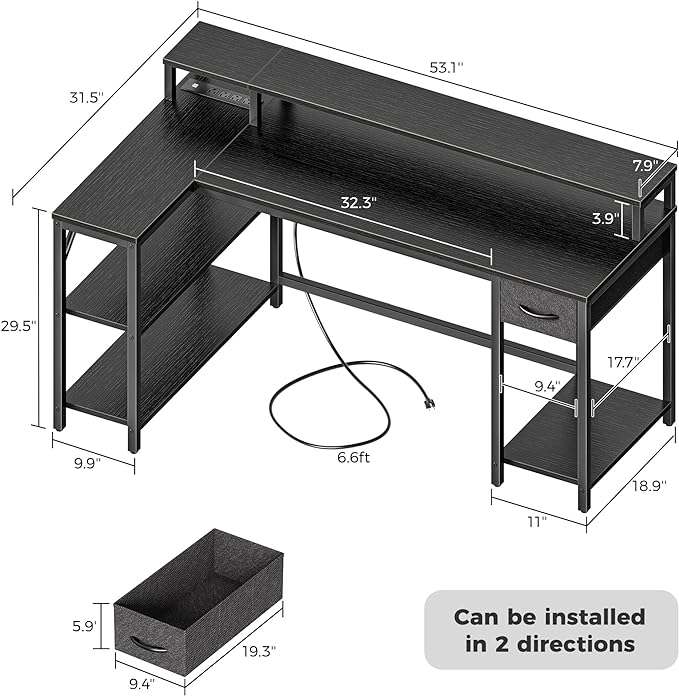 SUPERJARE 53 inch Reversible L Shaped Desk with LED Lights & Power Outlets, Computer Desk with Shelves & Monitor Stand, Gaming Desk with Drawer, Home Office Desk Corner Desk, Black