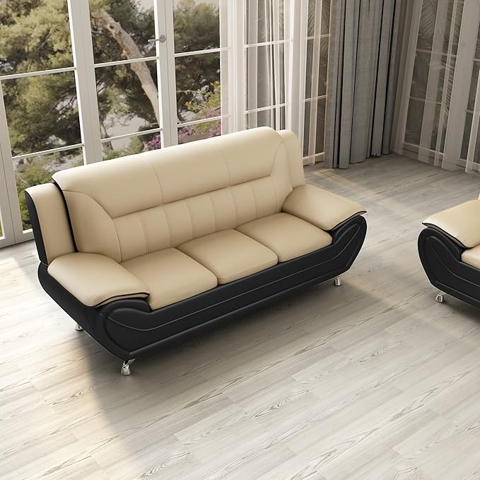 Container Furniture Direct Michael Modern Faux Leather Upholstered Stainless Steel Legs Living Room Sofa, Black Camel