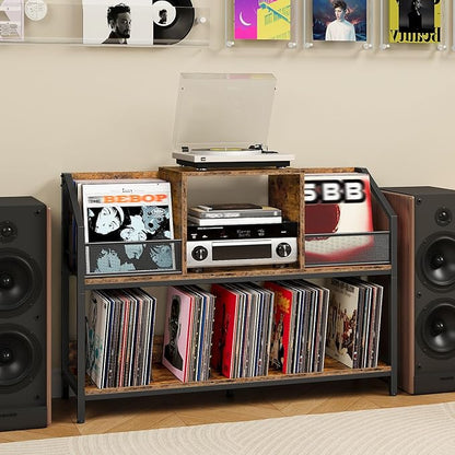 Large Record Player Table, Holds up to 400 Albums, Medieval Rustic Vinyl Record Player Display Stand, Removable Dividers, for CD and Audio Equipment Storage, Rustic Brown TCW77BF