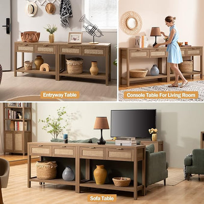 SICOTAS Console Table Set of 2 - Boho Entryway Table with Rattan Drawers, Rattan Console Table with 2 Tier Shelf, Narrow Long Sofa Tables for Living Room, Entry Table for Hallway, Foyer