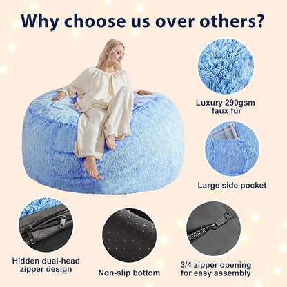 Large Bean Bag Covers Only, Fluffy Stuffed Beanbag Chair Covers No Filler, Washable Bean Bags Cover for Adults, Stuffed Animal Bean Bag Anti-Slip, 7FT, Blue