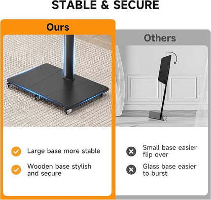 Tall Floor TV Stand for 32-75" TV Portable Rolling TV Cart with Wheels Height Adjustable with Wood Base, Holds up to 88 lbs, Max VESA 600x400mm TS005HB