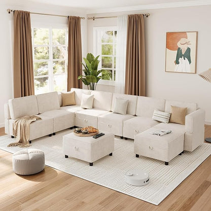 Modular Sectional 9-Seat Sofa, L Shaped Sectional Couch with Removable Storage Ottoman, Convertible Sleeper Sofa Suitable for Living Room, Bedroom, and Apartments, Beige