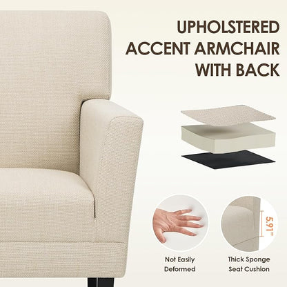 COLAMY Modern Accent Chair for Living Room, Upholstered Fabric Accent Armchair with Back, Soft Single Sofa Chair with Arms for Bedroom/Office/Reception Room, Oatmeal