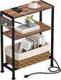 Small Narrow Side Table with Charging Station, Skinny End Table for Small Spaces, Slim Nightstand with Outlets, Sofa Bedside Table in Living Room, Bedroom, Study, Kitchen and Balcony (Rustic Brown)