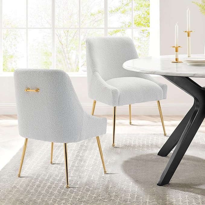 Modern Velvet Dining Chairs Set of 4, Contemporary Upholstered Furniture Collection with Polished Gold Metal Legs, Elegant Accent Chairs for Kitchen Living Room(Teddy Fleece,White)