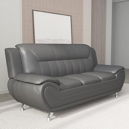Container Furniture Direct Michael Modern Faux Leather Upholstered Stainless Steel Legs Living Room Sofa, Sleek Gray
