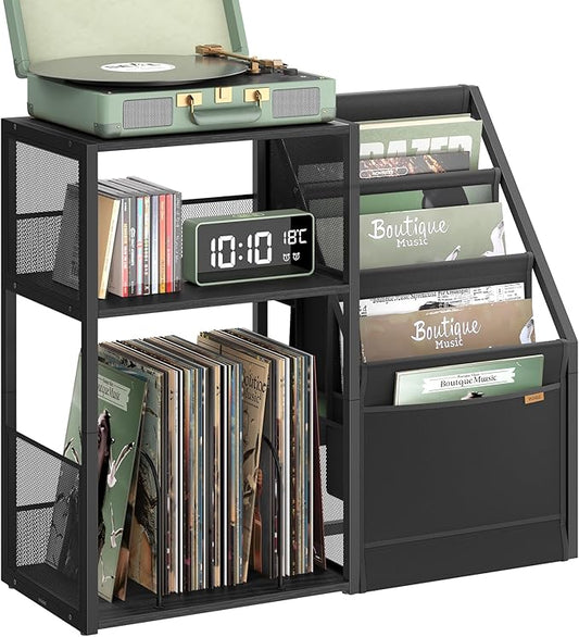 VASAGLE Record Player Stand, 3-Tier Side Table, Vinyl Record Storage up to 140 Albums, End Table for Living Room, Bedroom, Ebony Black ULET276B01