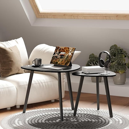 BAMEOS Bamboo Nesting Triangle End Table,Set of 2 Coffee Table Modern Minimalist Side Table for Living Room (Marble Black)