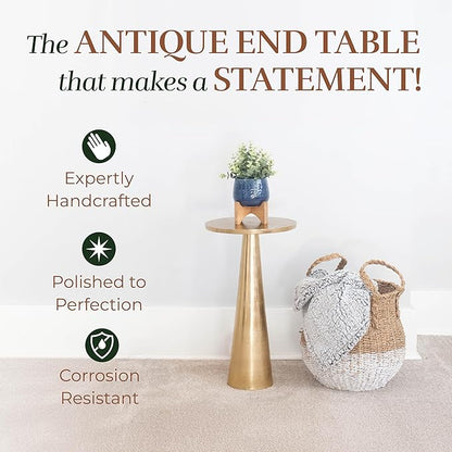 OBJET D'ART Small Round Gold End Tables, Set of 2, ABEL, 21" Height, Vintage Metal Accent, Side, Pedestal, Coctail and Drink Tables for Living Room and Small Spaces